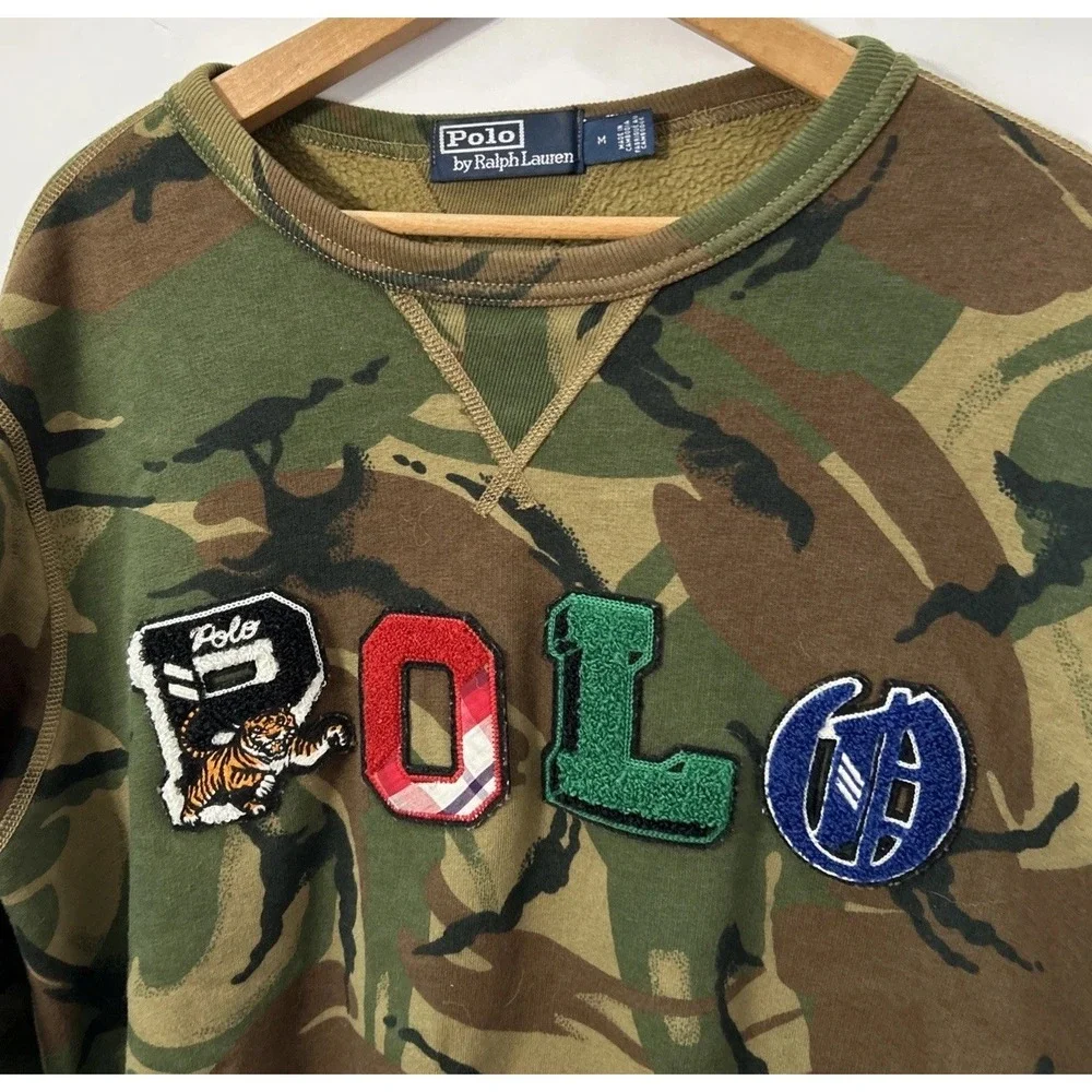 Mens Polo Ralph Lauren Big Logo Spell‎ Out Camo Fleece Sweatshirt Rare Med